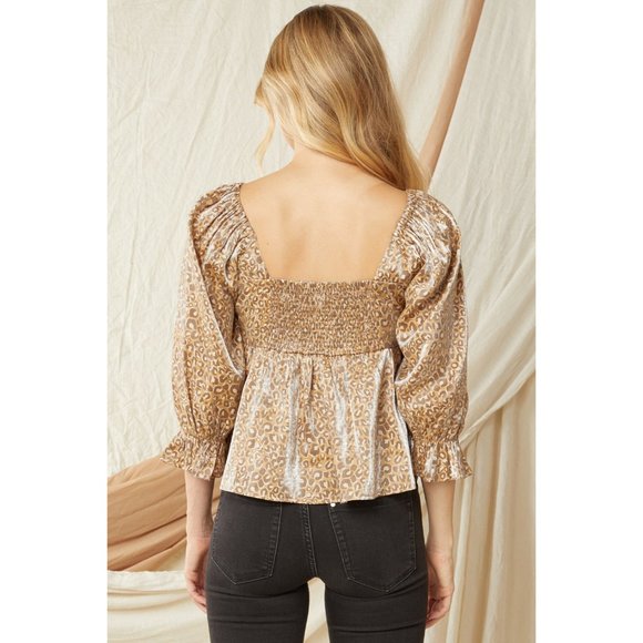 Entro Leopard Iridescent Babydoll Top, Camel - Picture 4 of 6